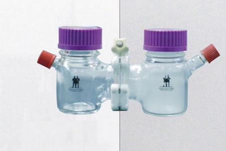 两个瓶子中间放一层滤材，一个有含霾气体，另一个置入纯净空气，含霾气体完全透不过去