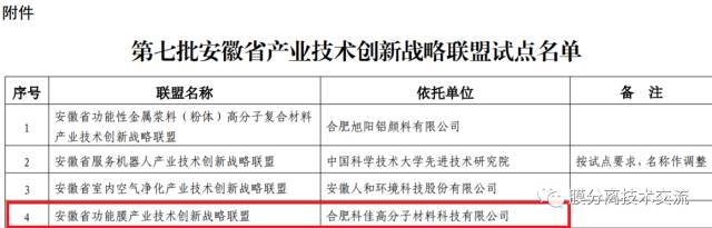 安徽省功能膜产业技术创新联盟获批进入省级试点名单