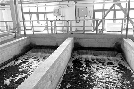 北京经济技术开发区污水再生处理厂滤布滤池正在处理泛黄的污水