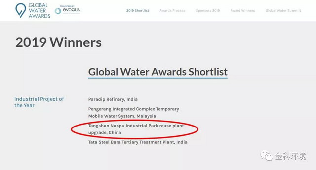 金科环境唐山膜法再生水项目入围GWI“2019全球水奖”
